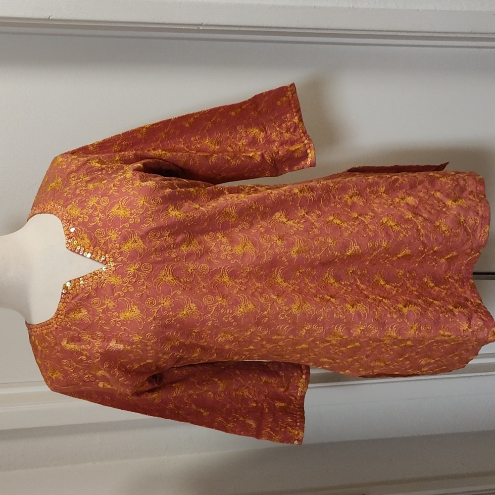 Coral Cotton Yellow Embroidery Floral Tunic Top M/L